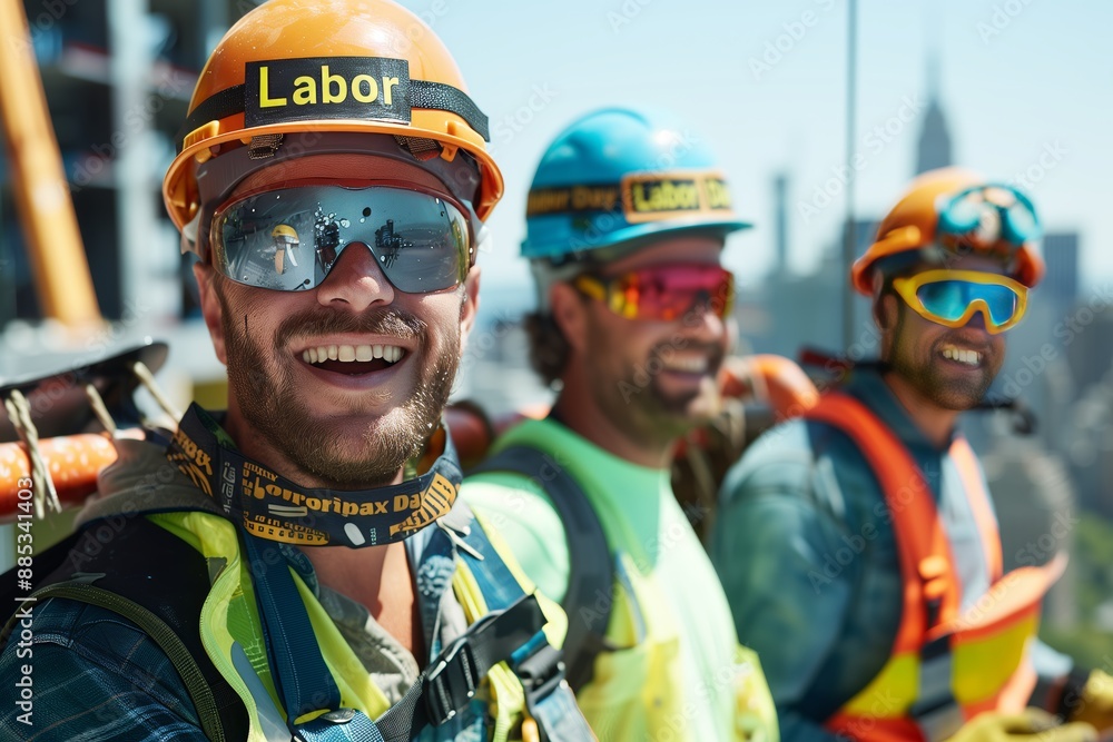 Close-up Smiling Construction Worker in Safety Gear with Close-up Smiling Construction Worker in Safety Gear with