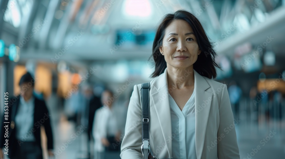 A woman in a light blazer stands confidently in a busy terminal. She appears ready to tackle her day, with an expression of determination and assurance amidst a flow of people. A woman in a light blazer stands confidently in a busy terminal. She appears ready to tackle her day, with an expression of determination and assurance amidst a flow of people.