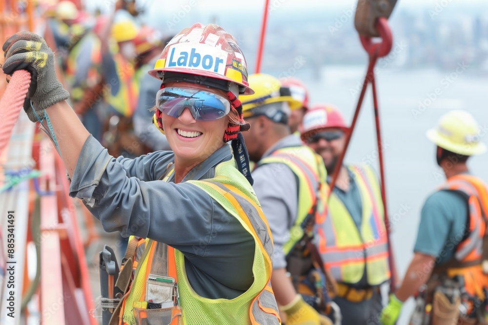 Smiling Woman Construction Worker in Safety Gear Holding Rope with Team on High-rise Site Celebrating Labor Day Teamwork Smiling Woman Construction Worker in Safety Gear Holding Rope with Team on High-rise Site Celebrating Labor Day Teamwork