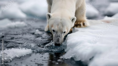 A polar bear stands on melting ice, poignantly representing the urgent need for environmental conservation amid the visible impacts of climate change. photo