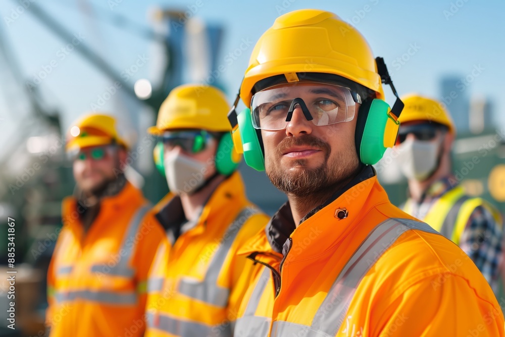 Construction Workers in Bright Safety Gear, Helmets, and Ear Protection Standing Attentively emphasizing Safety and Professionalism Construction Workers in Bright Safety Gear, Helmets, and Ear Protection Standing Attentively emphasizing Safety and Professionalism
