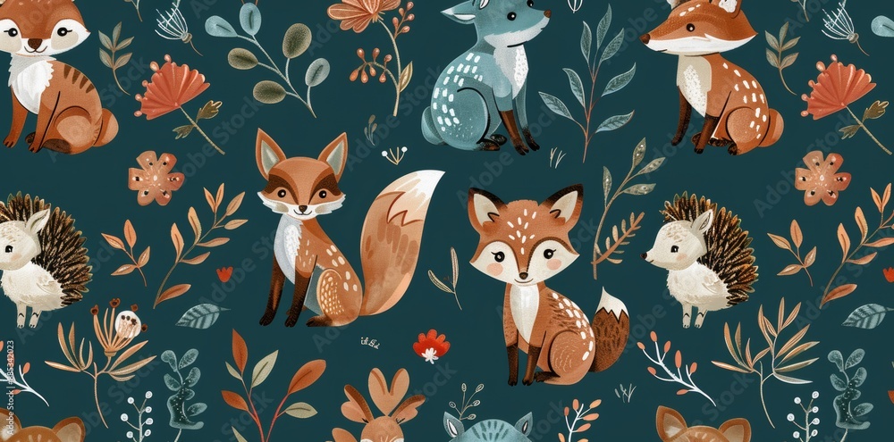 Fototapeta This woodland-inspired design features forest animals and nature motifs.
