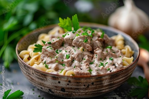 Beef stroganoff with creamy sauce and noodles photo