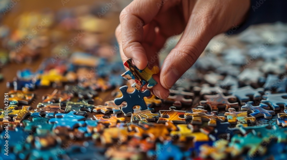 Closeup of hand placing jigsaw puzzle piece. Closeup of hand placing jigsaw puzzle piece.