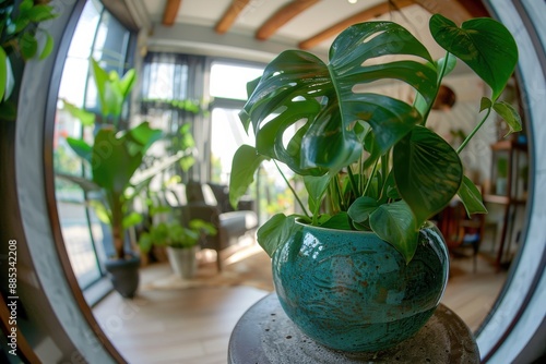 A Monstera plant with lush, green leaves is placed in a turquoise pot inside a modern home, where natural light filters through the windows, creating an elegant ambiance. photo