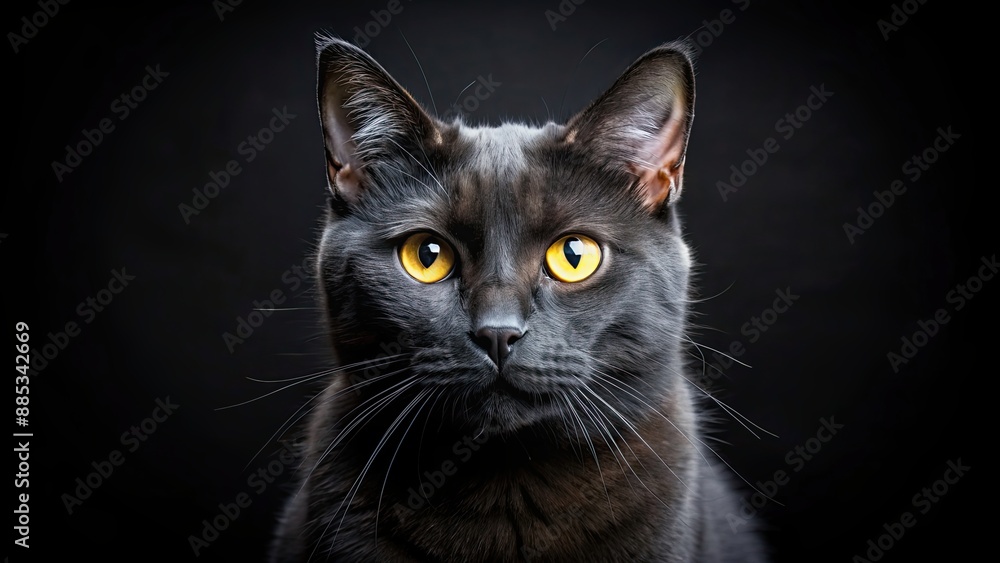 Black cat with piercing yellow eyes sitting on isolated black background, black cat, feline, isolated, spooky Black cat with piercing yellow eyes sitting on isolated black background, black cat, feline, isolated, spooky