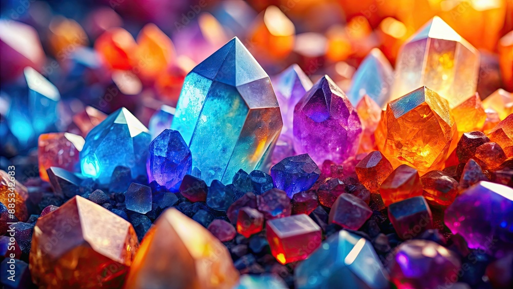 Closeup vibrant gemstone crystals in shades of blue, orange, pink, and purple creating a colorful wallpaper background Closeup vibrant gemstone crystals in shades of blue, orange, pink, and purple creating a colorful wallpaper background