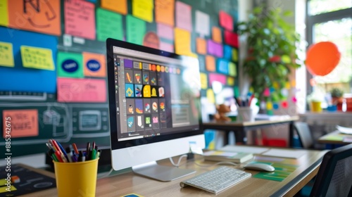 Modern Workspace with Colorful Sticky Notes and a Computer Screen