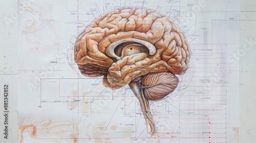 Anatomical Drawing of the Human Brain with Grid Overlay.