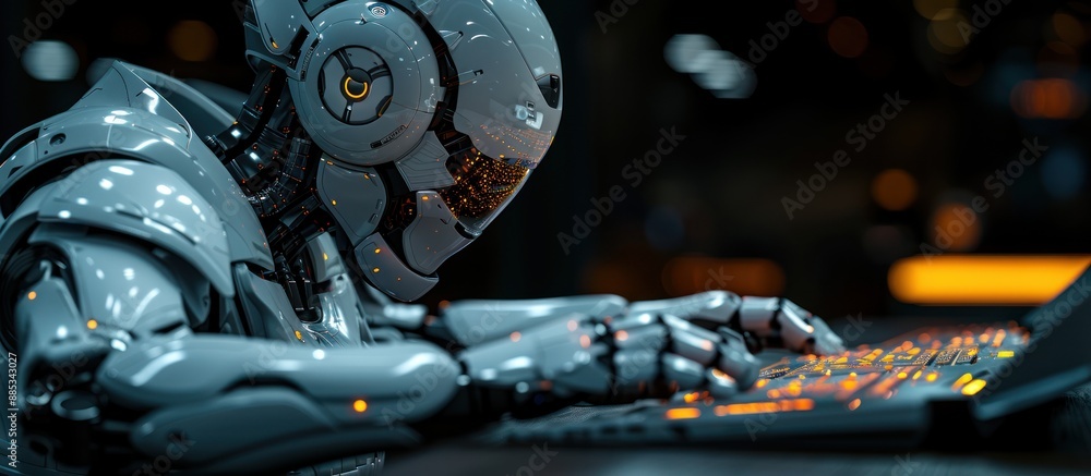 Cyberpunk Robot Working on a Laptop Cyberpunk Robot Working on a Laptop