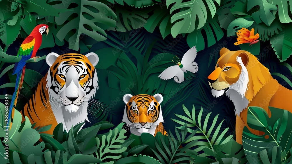 Animated jungle animals on a paper fold and cut background. Developed by generative AI