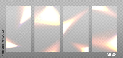 16x9 backgrounds set with Overlay effect of exposed old photo with burn edges. Realistic vector illustration of camera film light filter for vintage look with with blur glare, noise and grain.