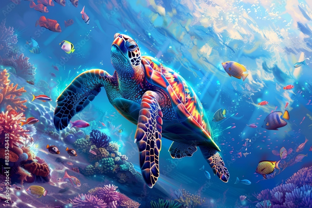 The turtle is surrounded by vibrant fish and sea animals with vibrant coral under the ocean's surface. The turtle is surrounded by vibrant fish and sea animals with vibrant coral under the ocean's surface.