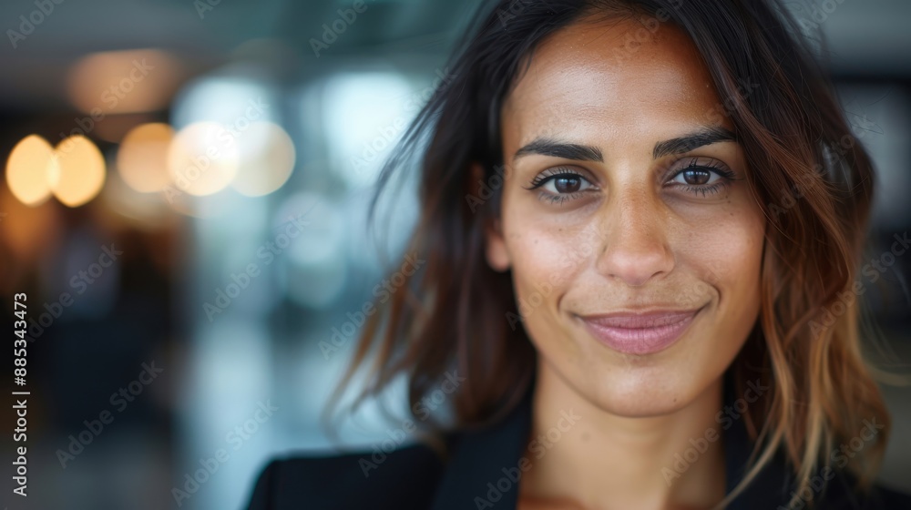 A confident woman in a black outfit smiles while standing in a contemporary environment with bokeh lights in the background, showcasing both elegance and modernity. A confident woman in a black outfit smiles while standing in a contemporary environment with bokeh lights in the background, showcasing both elegance and modernity.