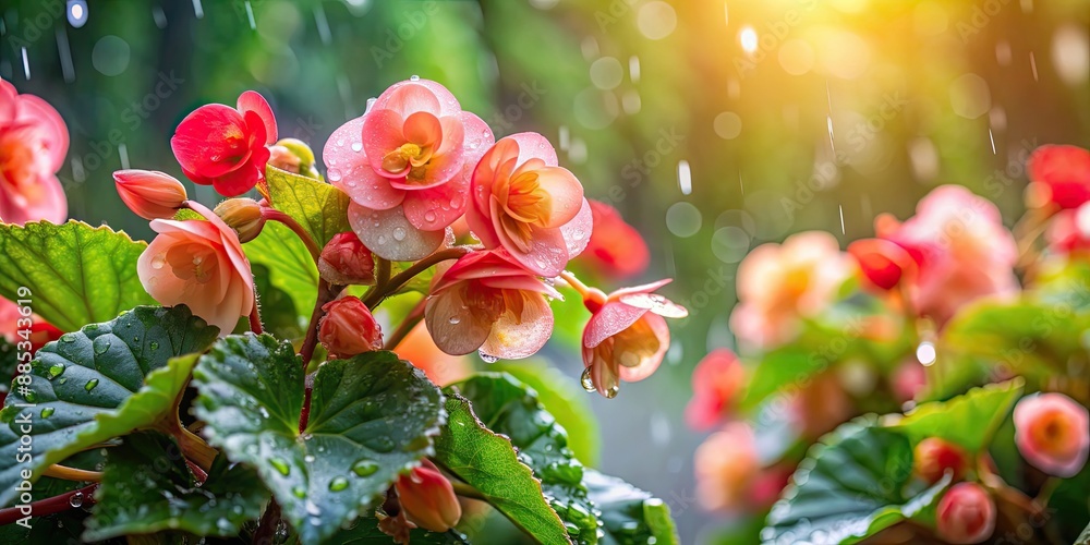 Obraz premium Begonias glistening with raindrops, creating a serene and beautiful scene, begonia, flower, raindrops, water droplets, garden