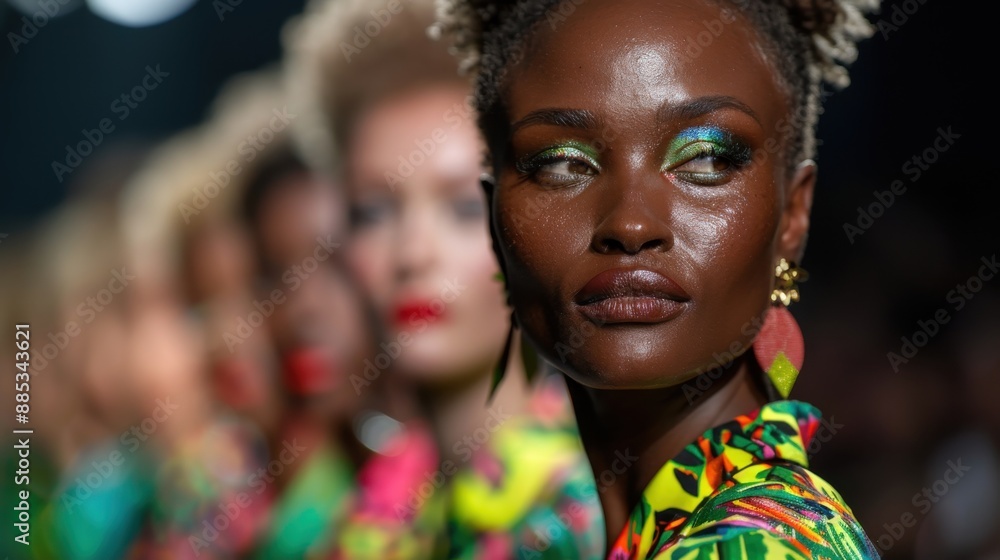 A fashion model on the runway with shimmering makeup, intense expression, and vibrant attire stands out. Other models in similar vivid outfits are blurred in the background. A fashion model on the runway with shimmering makeup, intense expression, and vibrant attire stands out. Other models in similar vivid outfits are blurred in the background.