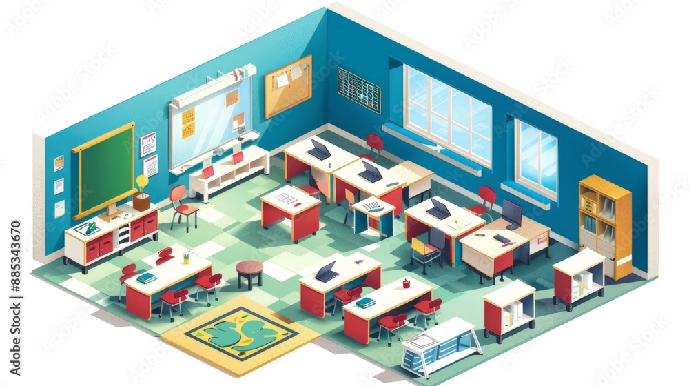Isometric Classroom with Desks and Laptops. Isometric Classroom with Desks and Laptops.