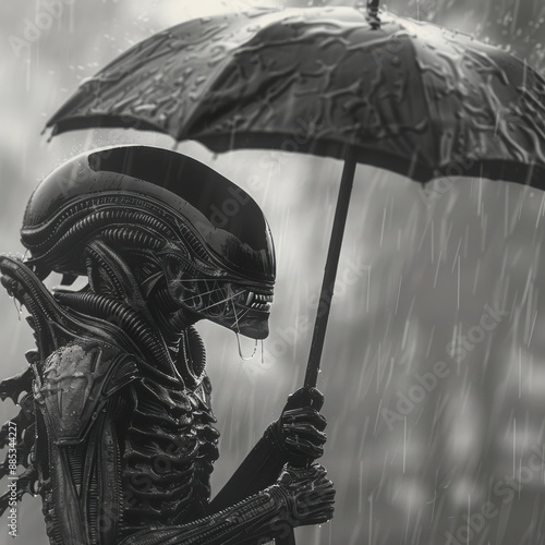 Black and White photography of a xenomorph alien with his black umbrella under a heavy rain, only its eyes are red, photo