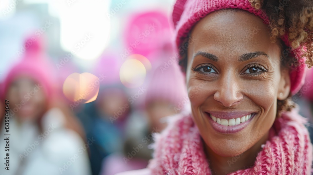 A woman, warmly dressed in pink scarf and hat, is smiling at a winter festival event, exuding warmth, joy, and festive spirit among a crowd in a winter wonderland setting. A woman, warmly dressed in pink scarf and hat, is smiling at a winter festival event, exuding warmth, joy, and festive spirit among a crowd in a winter wonderland setting.