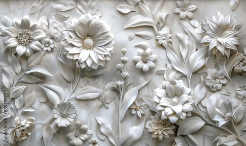 A close-up of a white wall with flowers, leaves, and a bird atop the wall. Generating stock.