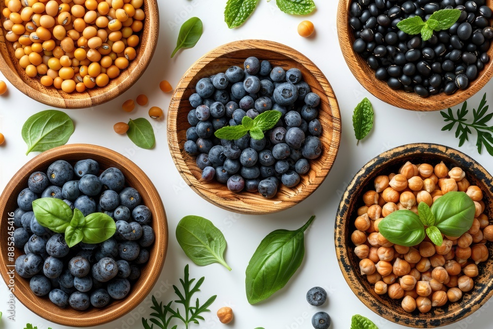Colorful Variety of Beans Blueberries and Herbs in Wooden Bowls Colorful Variety of Beans Blueberries and Herbs in Wooden Bowls