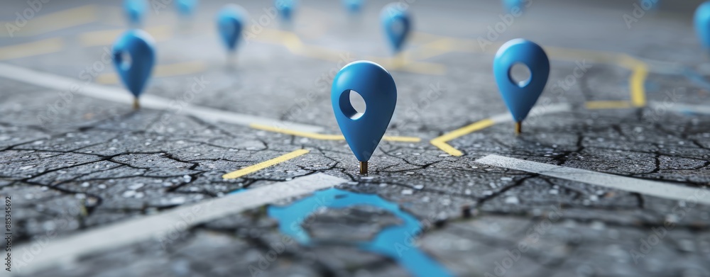 A 3D rendering of a road map with a blue location pin icon symbol, a GPS travel route navigation marker, and a transportation place pointer direction street sign on a city background with a transport A 3D rendering of a road map with a blue location pin icon symbol, a GPS travel route navigation marker, and a transportation place pointer direction street sign on a city background with a transport