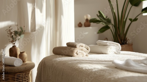 A peaceful spa room adorned with neatly folded towels and indoor plants, creating a serene and calming environment ideal for relaxation and wellness.