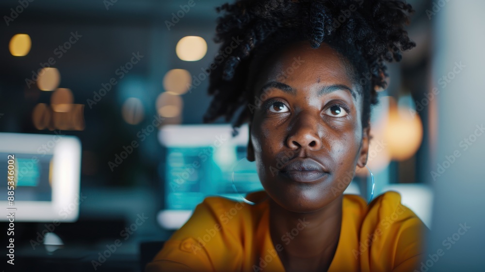 A woman intensely focusing on a computer screen in a dimly lit setting, representing dedication, late-night work, and commitment to achieving goals. A woman intensely focusing on a computer screen in a dimly lit setting, representing dedication, late-night work, and commitment to achieving goals.