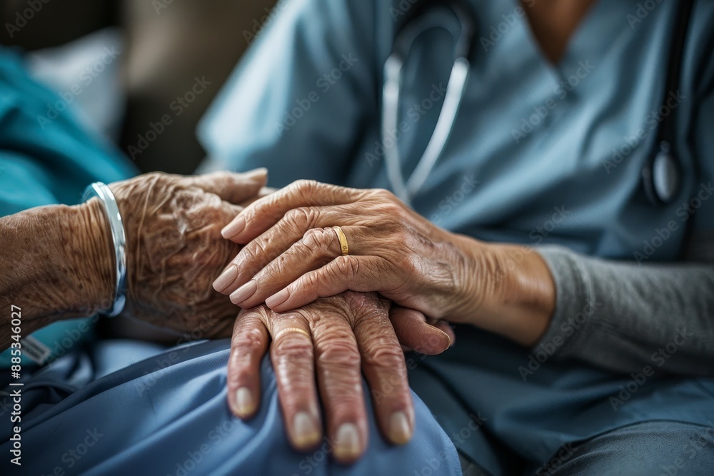 Fototapeta premium Nursing care of an elderly patient. An elderly patient is being treated by a surgeon. A nurse is caring for the patient.