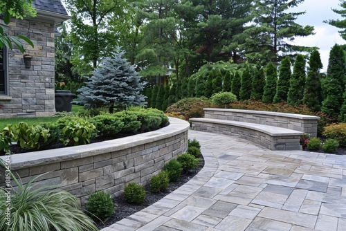 In a tumbled paver driveway, a seat wall with pillars and natural stone coping adds a beautiful landscaping element. photo