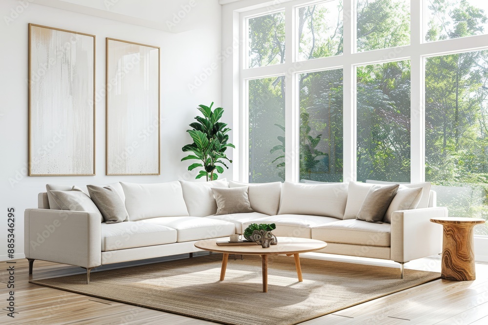 A white sofa and rustic wooden stamp coffee table sit against an arched window in a modern living room designed with the help of stock (AI). A white sofa and rustic wooden stamp coffee table sit against an arched window in a modern living room designed with the help of stock (AI).