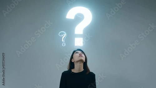 Woman with a question mark above her head, process of thinking and reflecting on gender issues and self-identification