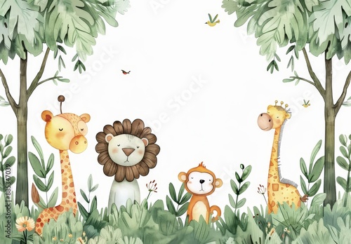 Safari wild creatures in watercolor. Lion, zebra, monkeys, parrots, palm trees, flowers. Jungle, tropical illustration for nursery wall covering.