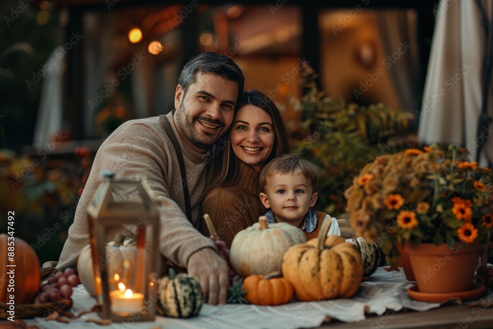 Family enjoying time together, sitting outside at the backyard table decorated with autumn pumpkins Family enjoying time together, sitting outside at the backyard table decorated with autumn pumpkins