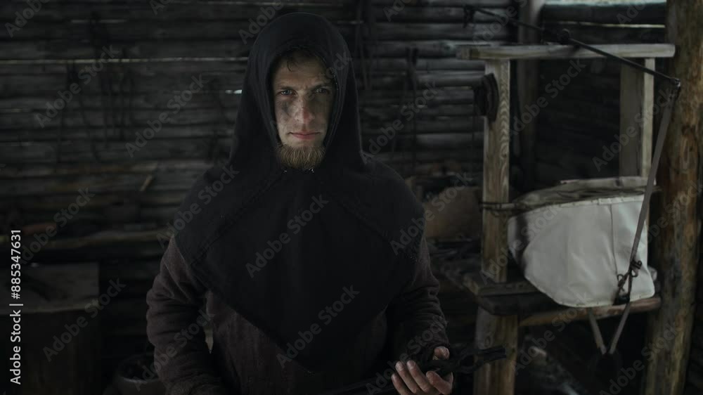 Medium portrait of young Caucasian male medieval smith in black hooded cloak, with red beard standing in wooden forge, holding tongs and looking at camera with grim and menacing face Medium portrait of young Caucasian male medieval smith in black hooded cloak, with red beard standing in wooden forge, holding tongs and looking at camera with grim and menacing face