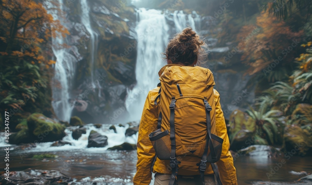 Adventurous Woman with Backpack Exploring Scenic Waterfall in Lush Forest Adventurous Woman with Backpack Exploring Scenic Waterfall in Lush Forest