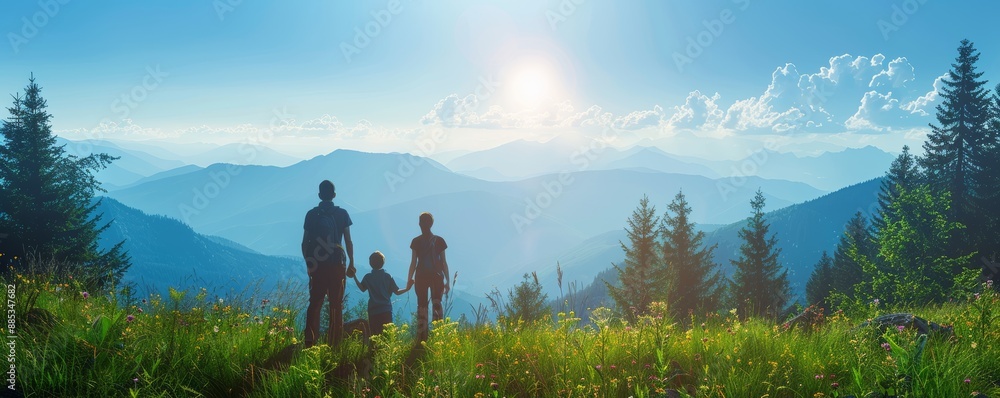 © peacehunter - Family Enjoying Scenic Mountain View at Sunrise in a Serene Forest Landscape