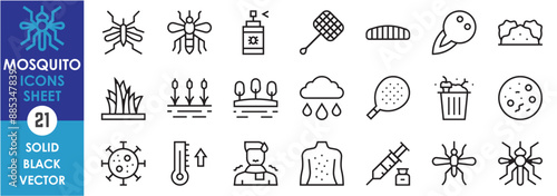 A set of line icons related to mosquito. Bug, insect, parasite, bush, virus, fever, dengue, malaria, prevention, rainy season, rashes, waste, swamp, bat, and so on. Vector outline icons set.