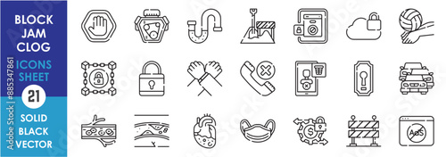 A set of line icons related to Block, jam and clog. Blocking, jamming, prevent, blockchain, stuck, door, lock, jam, mask, blood vessel, ads, barrier and so on. Vector outline icons set.