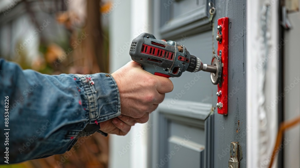 A hand uses a cordless drill to install a door handle. A hand uses a cordless drill to install a door handle.