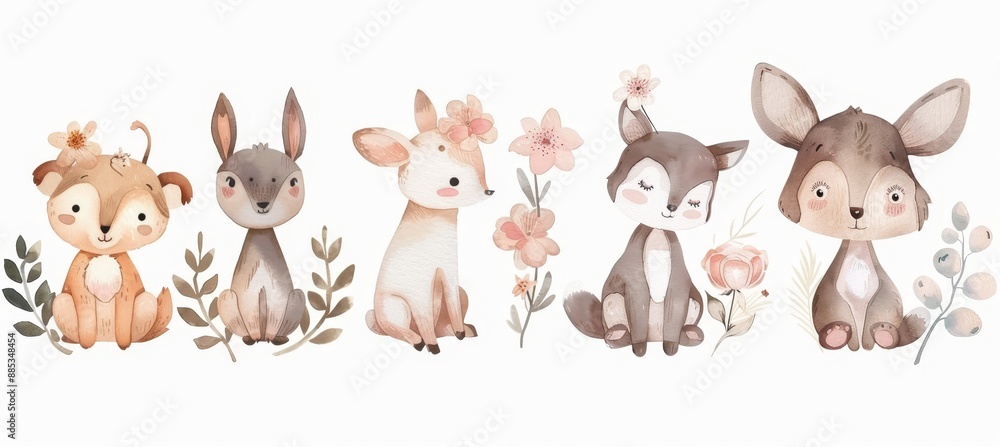 Artwork of cute nature-inspired animals. Fox, deer, raccoon, owl. Great for posters, invitations, or decor. Artwork of cute nature-inspired animals. Fox, deer, raccoon, owl. Great for posters, invitations, or decor.