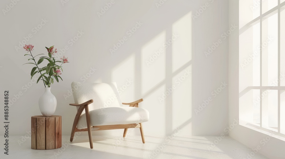A white calla lily vase and a chair in an empty room, minimalist living room interior background in Scandinavian style, mockup of an empty wall. A white calla lily vase and a chair in an empty room, minimalist living room interior background in Scandinavian style, mockup of an empty wall.
