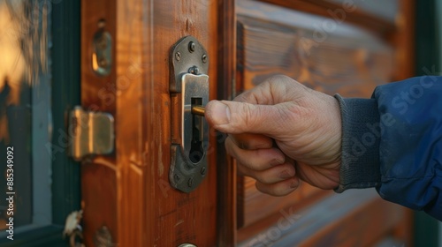 Close-up of a hand unlocking a wooden door with a key.