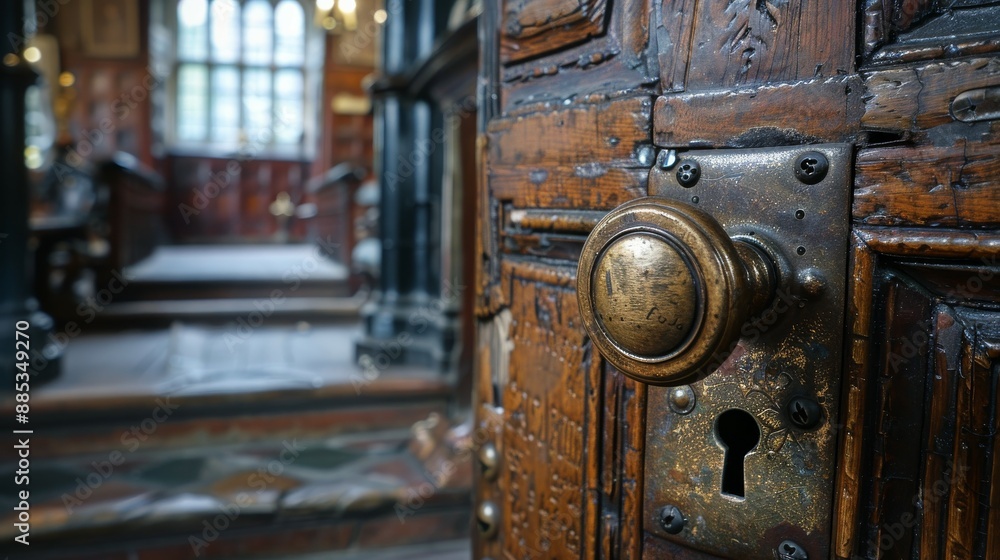 Close-up of an ornate antique door handle and keyhole on a wooden door. The door is in a church interior with pews and stained glass windows. Close-up of an ornate antique door handle and keyhole on a wooden door. The door is in a church interior with pews and stained glass windows.