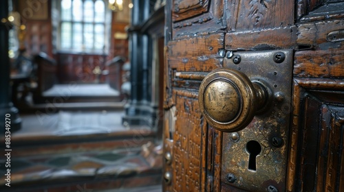 Close-up of an ornate antique door handle and keyhole on a wooden door. The door is in a church interior with pews and stained glass windows.