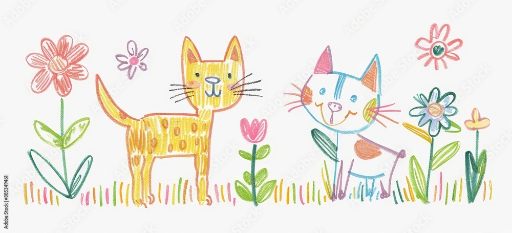Fototapeta premium The drawing set of the dog, flowers, and cat is drawn in crayon on a white and transparent background.