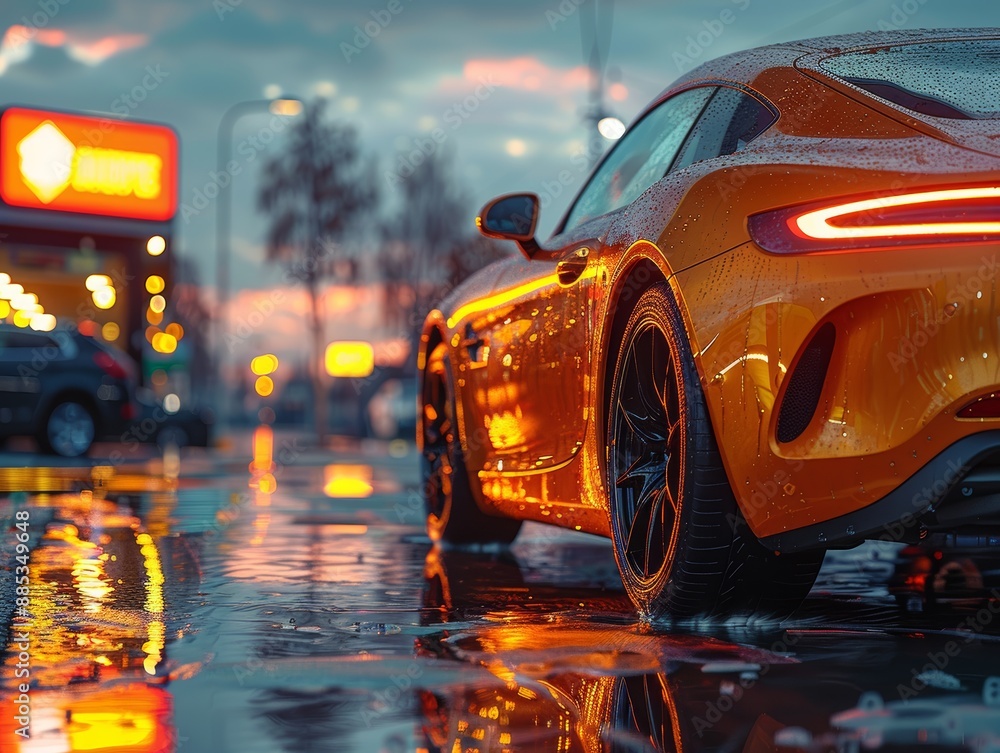 Sleek Orange Sports Car in Rainy Urban Setting with Reflections and Neon Lights at Dusk Sleek Orange Sports Car in Rainy Urban Setting with Reflections and Neon Lights at Dusk