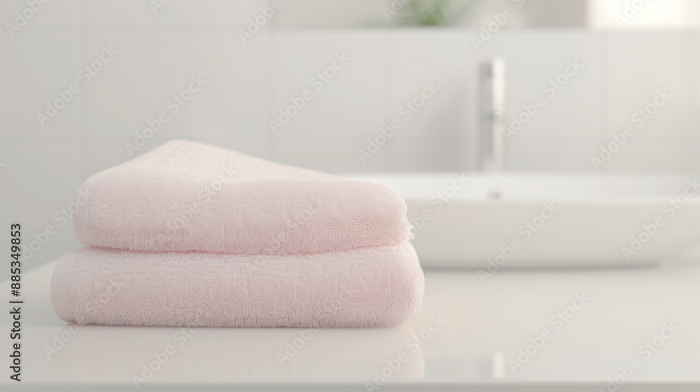 Soft Pink Towels on White Counter in Modern Minimalist Bathroom with White Tiles and Sink Soft Pink Towels on White Counter in Modern Minimalist Bathroom with White Tiles and Sink