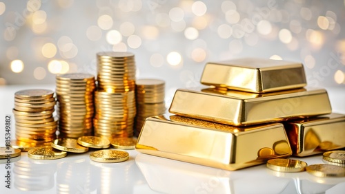 Golden treasure stacks of shiny gold bars and coins on white reflective surface with blurred lights in background photo