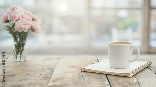 Wallpaper Mural Cozy Morning Workspace with Coffee Mug on Wooden Table Adjacent to Pink Flowers in Soft Sunlight Torontodigital.ca